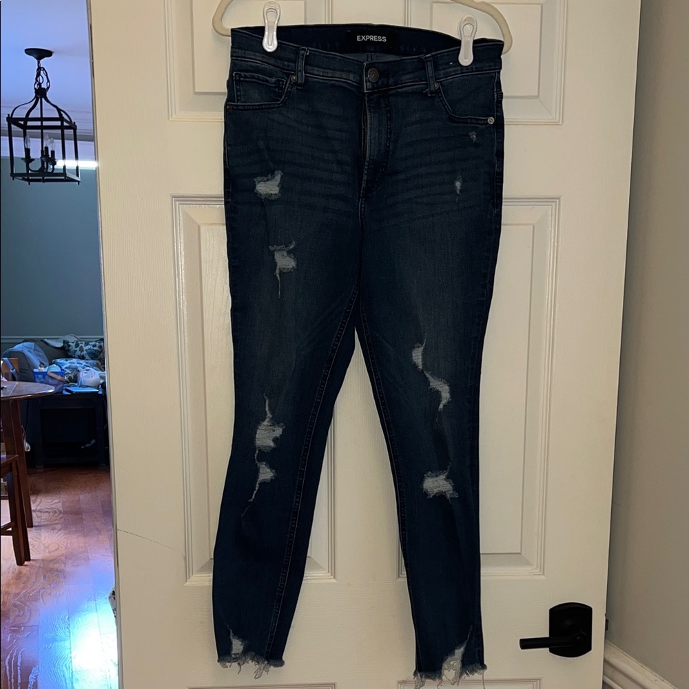 Express Women's Dark Blue Distressed Ankle Jeans